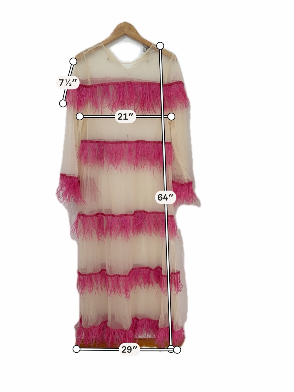 Ivory Sheer Maxi Dress with Pink Feather Trim